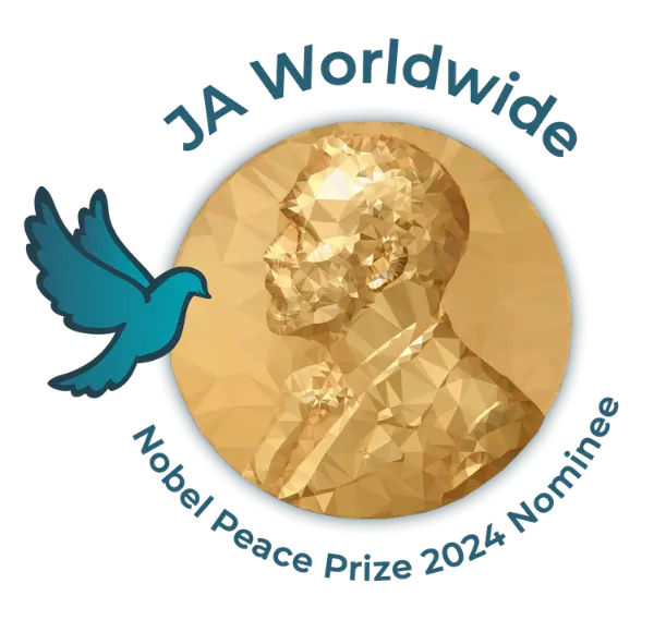 students shown collaborating, Nobel Peace Prize logo included